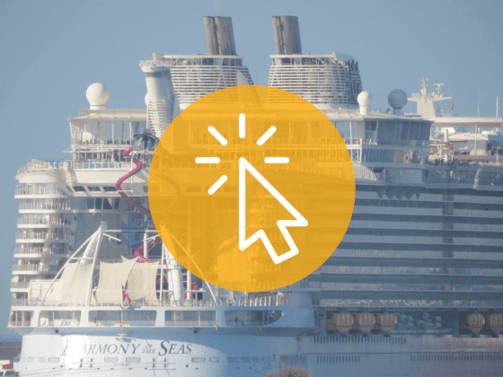 An arrow logo pointing to a cruise ship