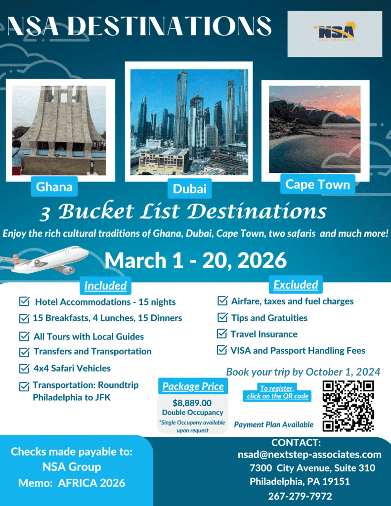 Travel package advertisement for Ghana, Dubai, Cape Town.